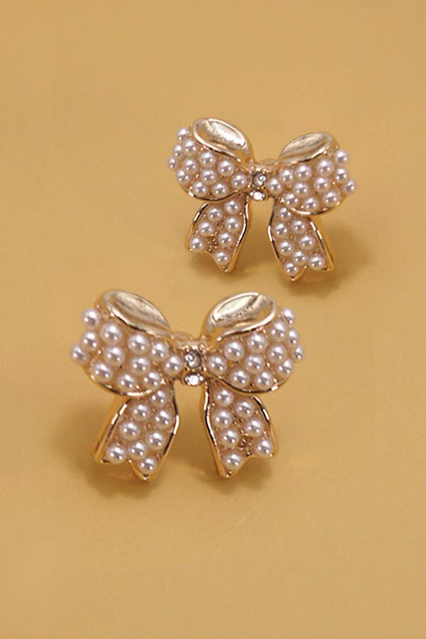 JOSSLYN by wall to wall - MINI PEARL BOW RIBBON GOLD EARRINGS | 80E5342