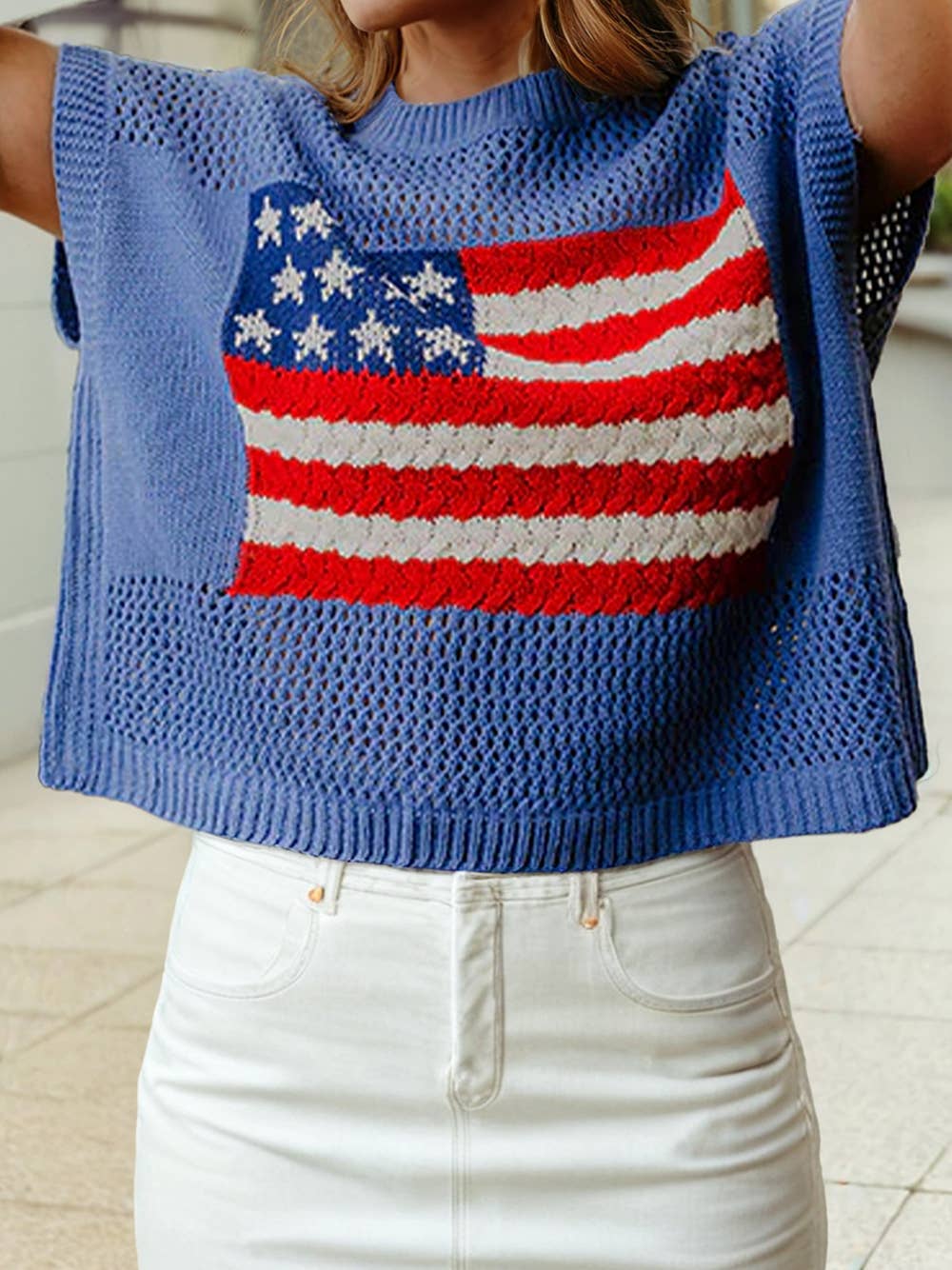 1 the Woman - 4th of July Flag  Short Sleeve Graphic Sweater Top
