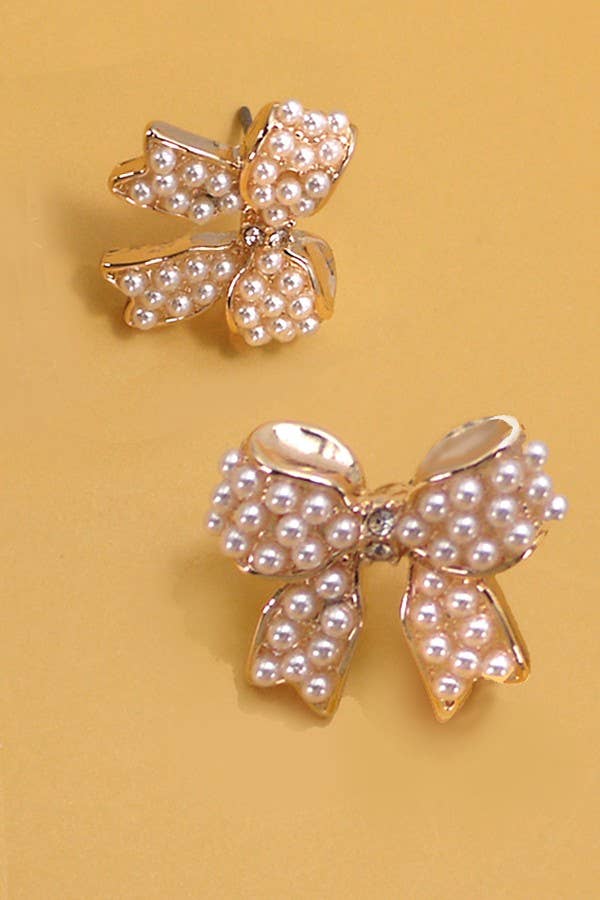 JOSSLYN by wall to wall - MINI PEARL BOW RIBBON GOLD EARRINGS | 80E5342