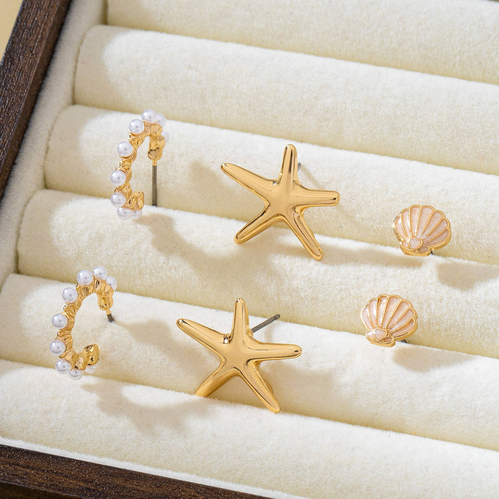 JOSSLYN by wall to wall - Nautical Shell Starfish Pearl Trio Earring Set | 80E62026