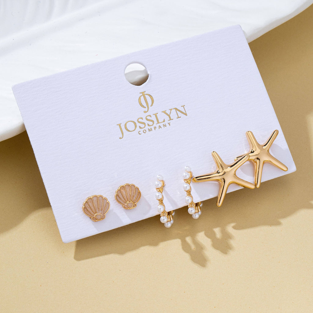 JOSSLYN by wall to wall - Nautical Shell Starfish Pearl Trio Earring Set | 80E62026