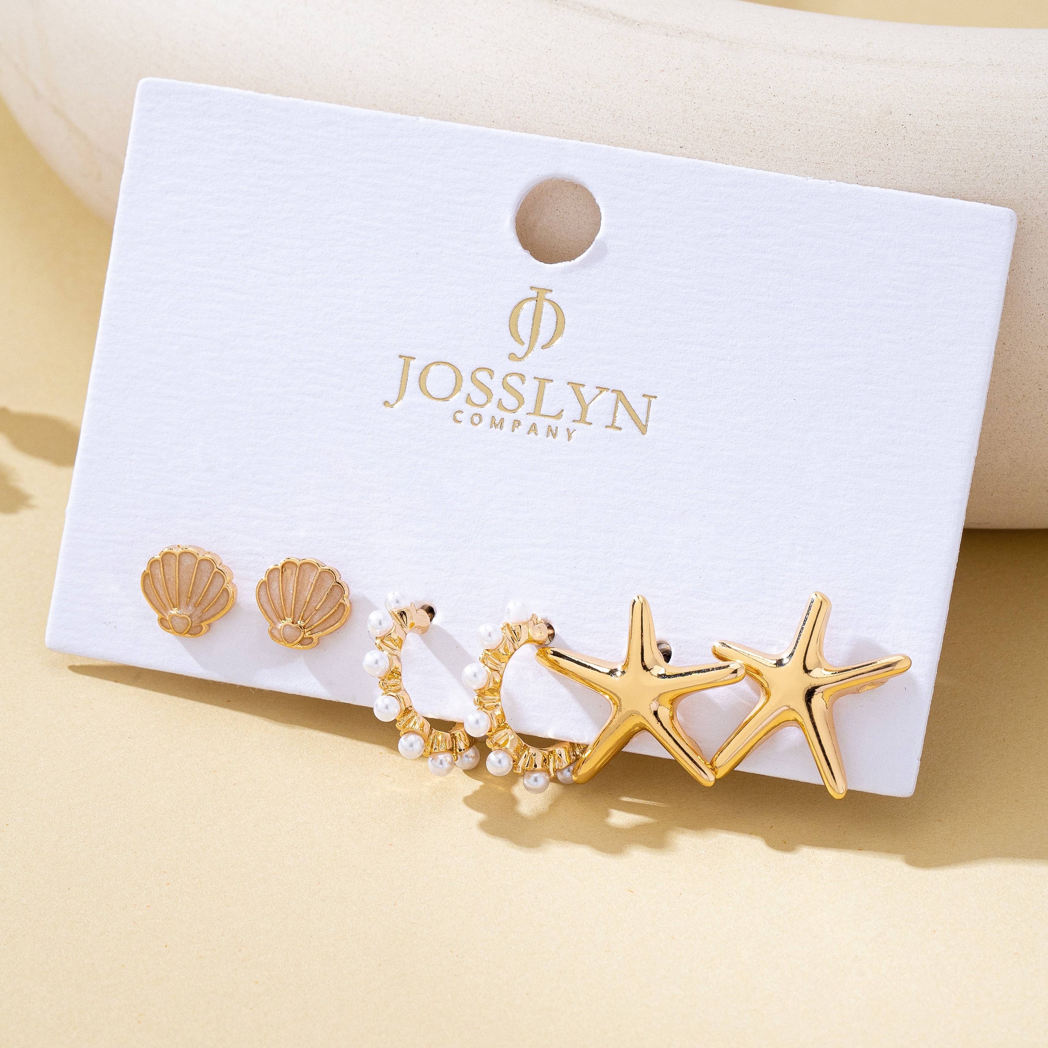 JOSSLYN by wall to wall - Nautical Shell Starfish Pearl Trio Earring Set | 80E62026