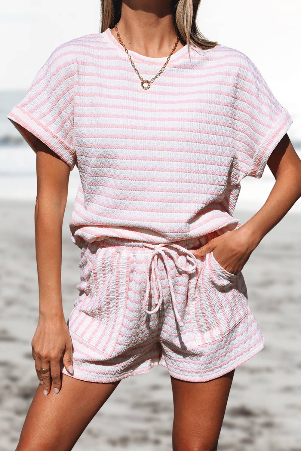 Aapparella - Stripe Knitted Top and Drawstring Shorts Set | S-XL