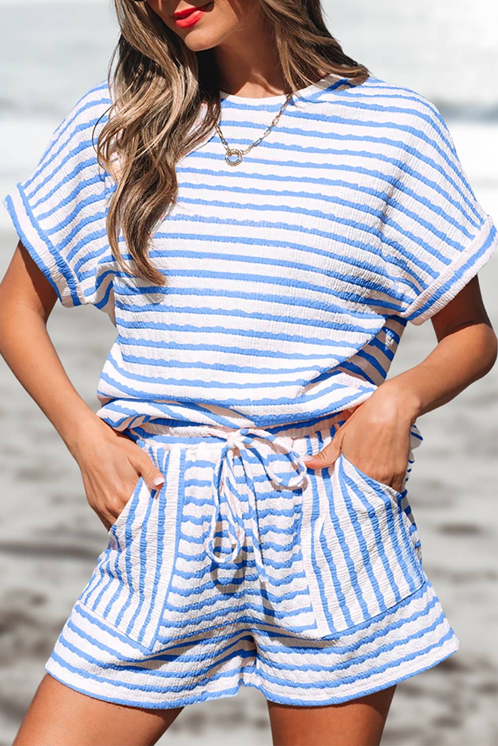 Aapparella - Stripe Knitted Top and Drawstring Shorts Set | S-XL