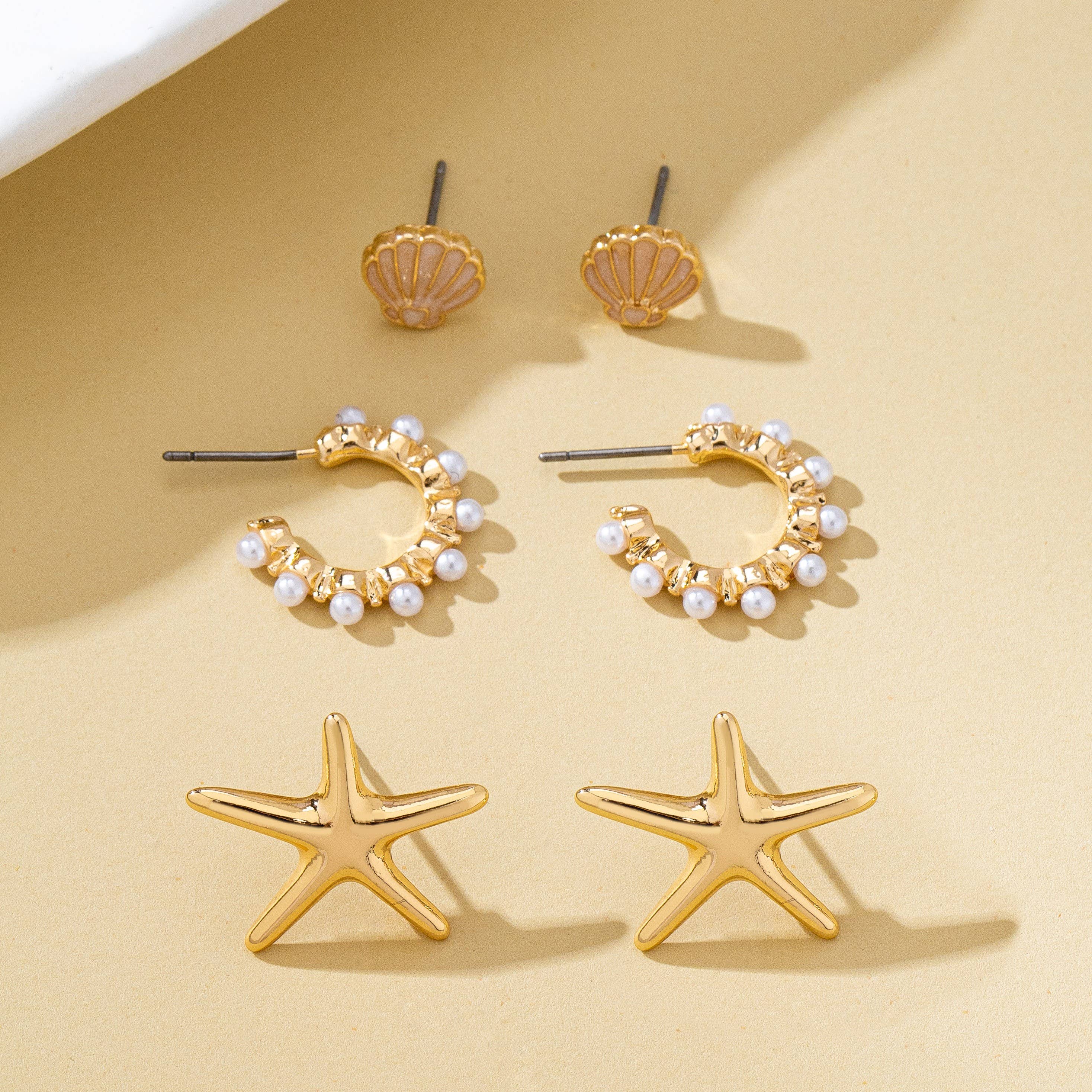 JOSSLYN by wall to wall - Nautical Shell Starfish Pearl Trio Earring Set | 80E62026